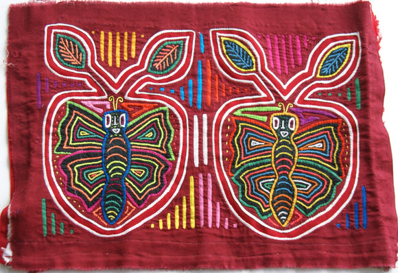 Kuna Indian Traditional Quilted Mola Blouse Panel from San Blas Islands, Panama. Hand Stitched Folk Art Reverse Applique: Butterfly on Apple Mirror Image with Intense Parallel Background 14
