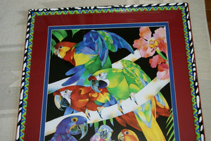 RARE 1988 BARBARA WALLACE LARGE COLORFUL  & VIBRANT POSTER OF MACAW PARROTS DOUBLE MATTED IN UNIQUE SIGNED ARTIST HAND PAINTED FRAME 30"X 24” TROPICAL EXPRESSIONISM ART