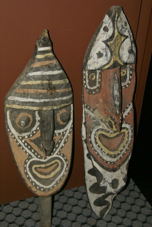 SOLD RARE MINDJA MINJA HAND CARVED YAM HARVEST FESTIVAL UNIQUE CLAN SPIRIT MASK POLYCHROME WITH NATURAL PIGMENTS PHALLIC NOSE WASKUK  PAPUA NEW GUINEA PRIMITIVE ART HIGHLY COLLECTIBLE 11A15: 35 X 7.5