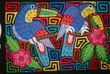 A Kuna Indian Folk Art Mola from San Blas Islands, in Custom Hand Painted Frame with 1 Blue Mat & Glass : Hand stitched Textile Applique: Colorful Toucans & Hibiscus Flowers, 22.5" x 17.5" (DFM9) Wall Décor