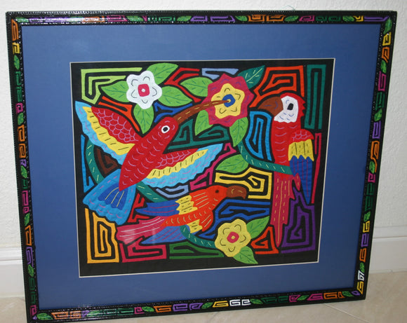 A Kuna Indian Folk Art Mola from San Blas Islands, in Unique Custom Hand Painted Frame with 1 Blue Mat & Glass : Hand stitched Textile Applique: Colorful Macaw Parrots , Hummer & Hibiscus Flowers, 22