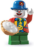 BRAND NEW, NOW RARE, RETIRED COLLECTOR LEGO MINIFIGURE: SMALL CLOWN WITH HAT, PIE & ACCESSSORIES + BLACK BASE (SERIE 5) YEAR 2011, 7 PIECES
