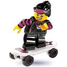 BRAND NEW, NOW RARE RETIRED LEGO MINIFIGURE COLLECTIBLE: SKATEBOARDER GIRL WITH SKATEBOARD, PONY TAIL HAIR + BLACK BASE, Serie 6, YEAR 2012, 6 PIECES