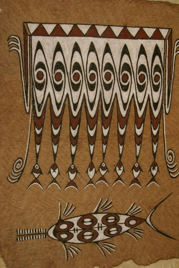 Rare Maro Tapa loin Bark Cloth (Kapa in Hawaii), from Lake Sentani, Irian Jaya, Papua New Guinea. Hand painted by a Tribal Artist with natural pigments: Spiritual Stylized Fish Motifs & swordfish 31.5