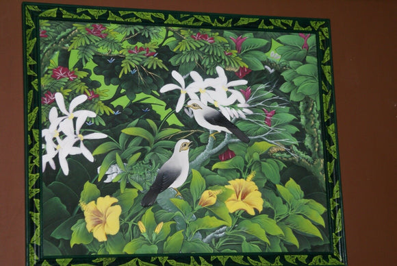 30”x 25” ORIGINAL DETAILED COLORFUL  BALINESE PAINTING ON CANVAS RENOWN UBUD ARTIST RAINFOREST PARADISE WITH FOLIAGE ORCHID HIBISCUS BIRD FRAMED IN SIGNED CUSTOM FRAME HANDPAINTED TO MATCH ARTWORK DFBB38 DECORATOR DESIGNER ART COLLECTOR