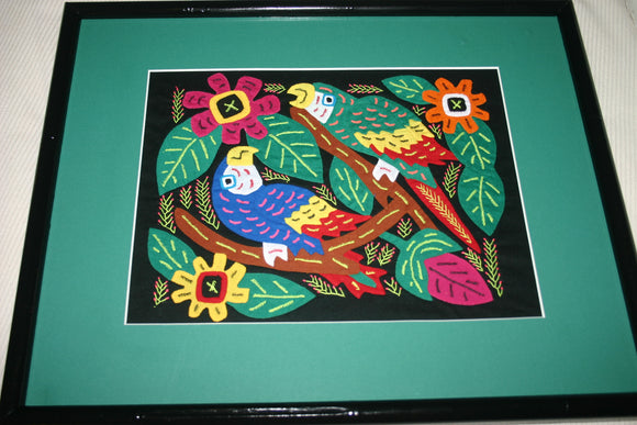A Kuna Indian Folk Art Mola from San Blas Islands, in Custom Frame with 1 Green Mat & Non-Glare Glass : Hand stitched Textile Applique: Colorful Macaw Parrots & Hibiscus Flowers, 19