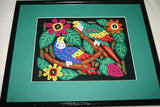 A Kuna Indian Folk Art Mola from San Blas Islands, in Custom Frame with 1 Green Mat & Non-Glare Glass : Hand stitched Textile Applique: Colorful Macaw Parrots & Hibiscus Flowers, 19" x 15" (DFM16) Wall Décor