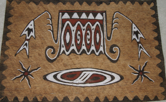 Rare Tapa Bark Cloth (Kapa in Hawaii), from Lake Sentani, Irian Jaya, Papua New Guinea. Hand painted by a Tribal Artist with natural pigments: Spiritual Stylized shield, Fish, Water Bugs Motifs 27