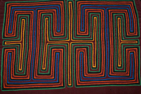Kuna Indian Mola Blouse Panel from San Blas Islands, Panama. Geometric Abstract Folk Art, Handstitched Reverse Applique: Geometric Maze Mirror Images 16.75