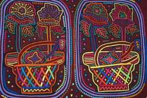 Kuna Indian Folk Art Mola Blouse Panel  from San Blas Island, Panama. Museum Quality Hand stitched Reverse Applique: Colorful  Abstract, Detailed, Stunning : Flowers in Baskets.  Huge 17 1/4” X 13” (21B)