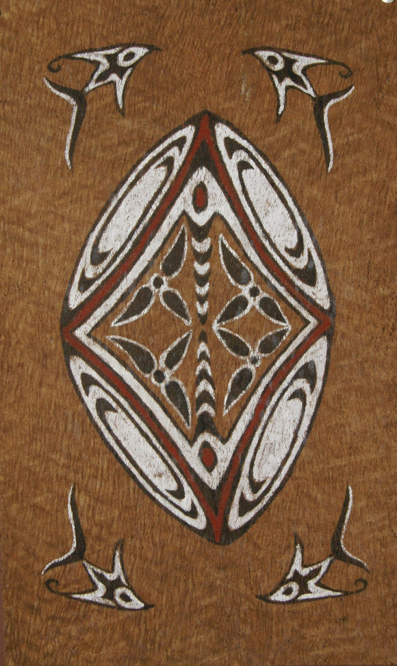 Rare Tapa Bark Cloth (Kapa in Hawaii), from Lake Sentani, Irian Jaya, Papua New Guinea. Hand painted by a Tribal Artist with natural pigments: Spiritual Stylized Shield Motifs 21 1/2
