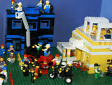 9 CUSTOM LEGO SETS (1911 pcs) WITH 58 NOW RARE RETIRED MINIFIGURES FROM LEGO TOWN (1978-2010). BUILDS: HOSPITAL, AMBULANCE, HELICOPTER, SUNSHINE CAFE, FLORIST, HOT DOG STAND, POST OFFICE, CRANE, POLICE VEHICLES, TRUCKS, ROAD, SO MANY ACCESSORIES (KIT 12)