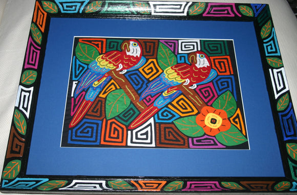 A Kuna Indian Folk Art Mola from San Blas Islands, in Custom Unique Hand Painted Signed Frame with  Blue Mat: Hand stitched Textile Applique: Colorful Macaw Parrot & Hibiscus Flowers, 23