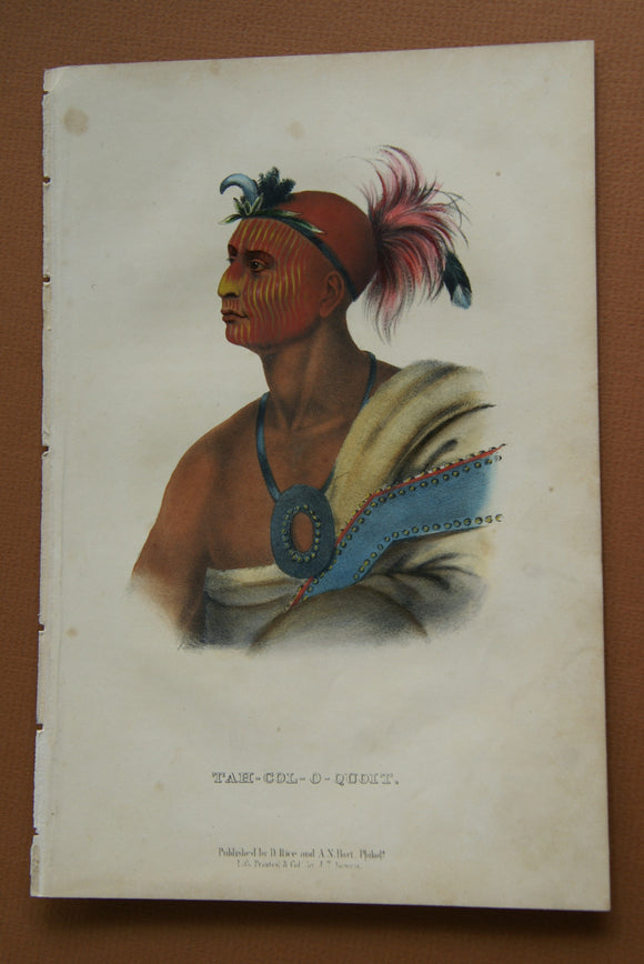 1855 Original Hand colored lithograph of TAH-COL-O-QUOIT, from the octavo edition of McKenney & Hall’s History of the Indian Tribes of North America TAHCOLOQUOIT