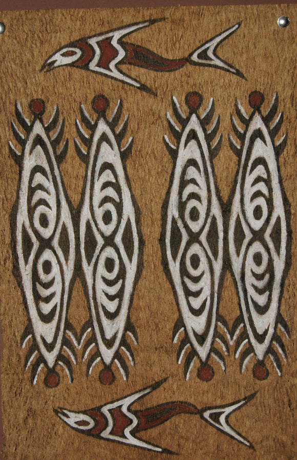 Rare Tapa Bark Cloth (Kapa in Hawaii), from Lake Sentani, Irian Jaya, Papua New Guinea. Hand painted by a Tribal Artist with natural pigments: Spiritual Stylized Shield Motifs & Fish 20