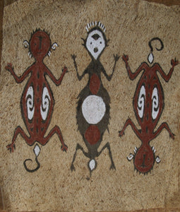 Rare Tapa Bark Cloth (Kapa in Hawaii), from Lake Sentani, Irian Jaya, Papua New Guinea. Hand painted by a Tribal Artist with natural pigments: Spiritual Stylized People Morphing into Geckos 16" x 14" (no 25)