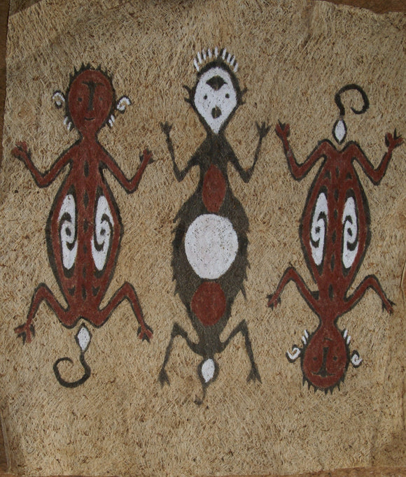 Rare Tapa Bark Cloth (Kapa in Hawaii), from Lake Sentani, Irian Jaya, Papua New Guinea. Hand painted by a Tribal Artist with natural pigments: Spiritual Stylized People Morphing into Geckos 16