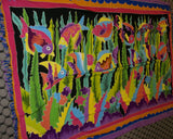 UNIQUE HIGH QUALITY HAND PAINTED TEXTILE FABRIC SARONG, SIGNED BY THE ARTIST. VIBRANT COLORS & VERY DETAILED MOTIFS OF FISH & AQUATIC PLANTS, 70” x 48” (no 25G)