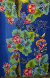 HIGH QUALITY HAND PAINTED FABRIC TEXTILE SARONG, SIGNED BY THE ARTIST. VIBRANT COLORS, DEEP BLUE BACKGROUND & DETAILED MULTICOLOR MOTIFS OF FISH AND LOTUS FLOWERS no 26A, 70” x 48”