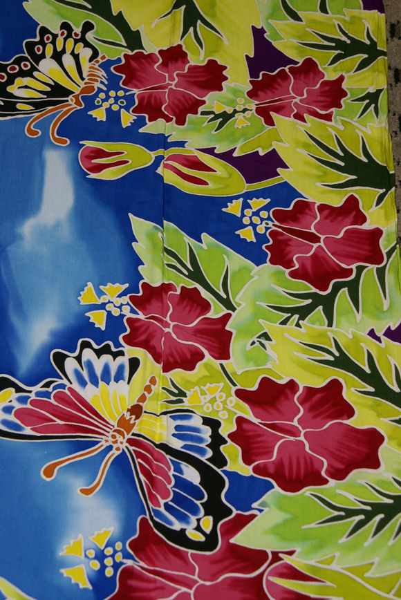 HIGH QUALITY HAND PAINTED TEXTILE FABRIC HALF SARONG OR BEACH SKIRT, SUMMER TABLE RUNNER, SIGNED BY THE ARTIST: DETAILED MOTIFS OF BLOOMING HIBISCUS & BUTTERFLIES ON BLUE SKY, RICH COLORS 74