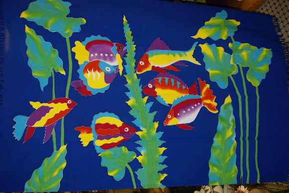 HIGH QUALITY HAND PAINTED TEXTILE FABRIC SARONG SIGNED BY THE ARTIST: DETAILED MOTIFS OF AQUATIC PLANTS & FISH 70