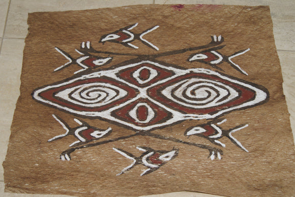 Rare Tapa Bark Cloth (Kapa in Hawaii), from Lake Sentani, Irian Jaya, Papua New Guinea. Hand painted by a Tribal Artist with natural pigments: Spiritual Stylized Motifs of shields with eyes & fish. 21