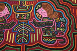 Kuna Indian Folk Art Mola Blouse Panel from San Blas Islands, Panama. Hand-stitched Reverse Applique: Women and Child 16.5" x 13" (28A)