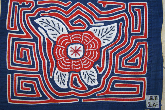 1980's Kuna Indian Geometric Abstract Art Mola Blouse Panel from San Blas Islands, Panama. Hand-Stitched Applique: Geometric Abstract Hibiscus in Bloom with Maze Background (2A)