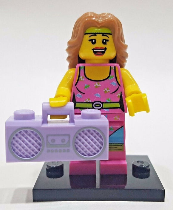 RARE NOW HARD TO FIND RETIRED LEGO FITNESS INSTRUCTOR MINIFIGURE WITH BOOMBOX (Serie 5) 8805, BRAND NEW PERFECT + BLACK BASE, YEAR 2011, 6 PIECES.