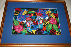 A Kuna Indian Folk Art Mola from San Blas Islands, in Custom Hand Painted Frame with 1 Blue Mat & Glass : Hand stitched Textile Applique: Colorful Toucans & Hibiscus Flowers, 22.5" x 17.5" (DFM9) Wall Décor