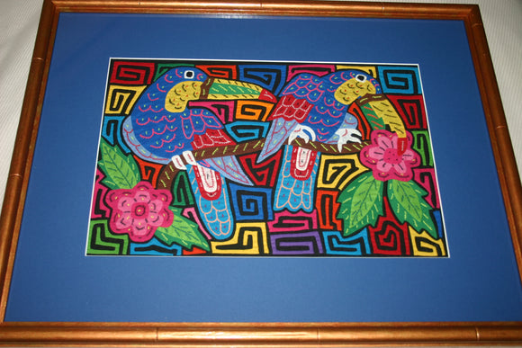 A Kuna Indian Folk Art Mola from San Blas Islands, in Custom Hand Painted Frame with 1 Blue Mat & Glass : Hand stitched Textile Applique: Colorful Toucans & Hibiscus Flowers, 22.5