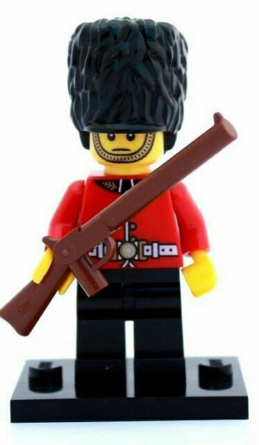 BRAND NEW, HARD TO FIND RARE RETIRED LEGO MINIFIGURE: ROYAL GUARD FROM BUCKINGHAM PALACE WITH TALL HEADDRESS, MUSKET GUN & BLACK BASE (Serie 5) 8805-10, YEAR 2011, 6 PIECES.