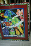 RARE 1988 BARBARA WALLACE LARGE COLORFUL  & VIBRANT POSTER OF MACAW PARROTS DOUBLE MATTED IN UNIQUE SIGNED ARTIST HAND PAINTED FRAME 30"X 24” TROPICAL EXPRESSIONISM ART