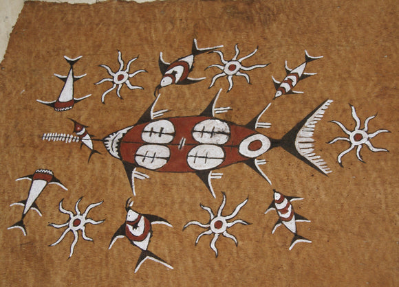 Rare Tapa Bark Cloth (Kapa in Hawaii), from Lake Sentani, Irian Jaya, Papua New Guinea. Hand painted by a Tribal Artist with natural pigments: Spiritual Stylized Sword fish, Fish, Star fish Motifs 26