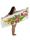 HIGH QUALITY HAND PAINTED TEXTILE FABRIC HALF SARONG OR BEACH SKIRT, SUMMER TABLE RUNNER, SIGNED BY THE ARTIST: DETAILED MOTIFS OF BLOOMING HIBISCUS ON BLACK BACKGROUND, RICH COLORS 74" x 23" (no SC16)