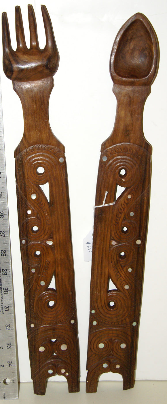 SOUTH PACIFIC MELANESIAN ART: DELICATELY HAND CARVED LARGE  SERVING TOOLS, USTENSILS WITH INSERTS OF MOTHER OF PEARL, COLLECTED IN THE LATE 1900’S. OCEANIC ART, KULA TRADE, MASSIM REGION, PAPUA NEW GUINEA’S REMOTE ISLANDS.
