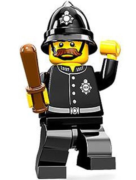 NEW, NOW RARE, RETIRED LEGO POLICE MINIFIGURE COLLECTIBLE 71002: ENGLISH CONSTABLE OR BOBBY WITH HELMET, BATON WEAPON, BLACK BASE (Serie 11), 6 PIECES.