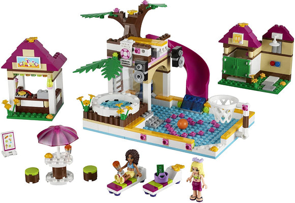 NOW RARE RETIRED LEGO FRIENDS HEARTLAKE CITY POOL JACCUZI (41008) & 2 MINIFIGURES, LOUNGE CHAIRS, UMBRELLA, DIVING BOARD, SLIDE, BASKETBALL HOOP, SHOWER, BATHROOM, ACCESSORIES, BOX & MANUALS: AGE 6-12. YEAR 2013