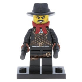 NEW, NOW RARE, RETIRED LEGO MINIFIGURE COLLECTIBLE: ARMED BANDIT WITH BLACK HAT, BURGUNDY SCARF, 2 GUNS, PISTOLS & BLACK BASE, SERIE 6, YEAR 2012, 8 PIECES.