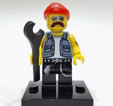 BRAND NEW, HARD TO FIND, RARE RETIRED LEGO MINIFIGURE 71001: MOTORCYCLE MECHANIC COMPLETE WITH HAT, WRENCH, & BLACK BASE (Serie 10) MPN 71001, YEAR 2013, 6 PCS