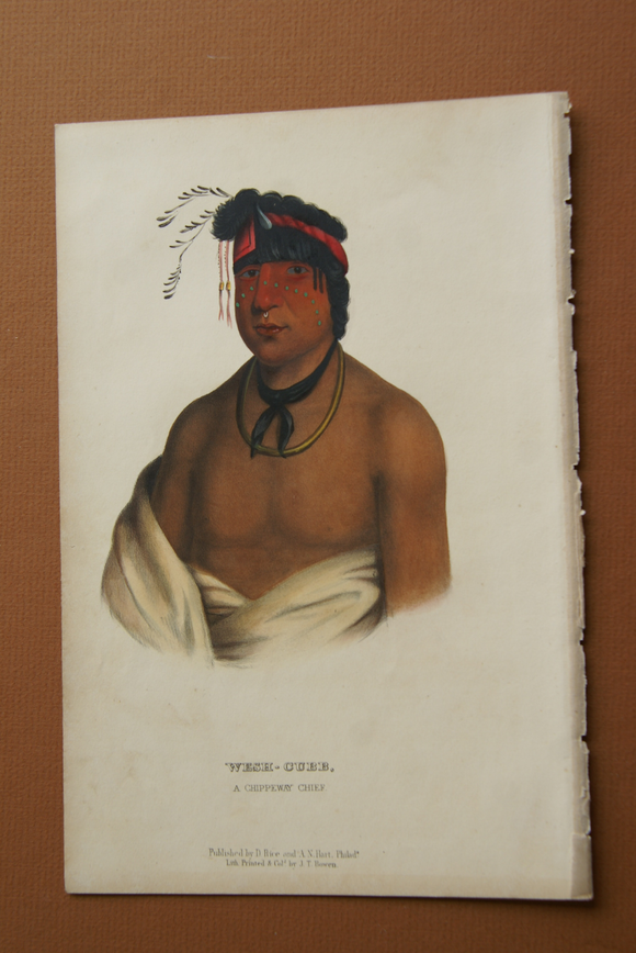 1855 Original Hand colored lithograph of  WESH-CUBB, A CHIPPEWAY CHIEF, from the octavo edition of McKenney & Hall’s History of the Indian Tribes of North America (WESHCUBB)