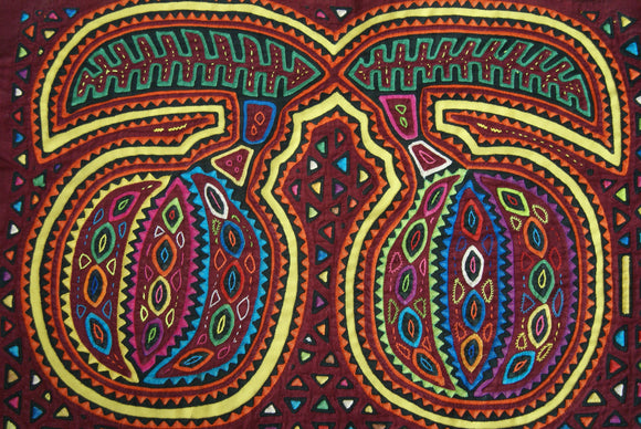 Kuna Indian Folk Art Mola Blouse Panel from San Blas Island, Panama. Museum Quality Hand stitched Reverse Applique: Colorful, Detailed: Stunning Fruit & Leaves. 16 1/2” X 12 1/4” (40A)