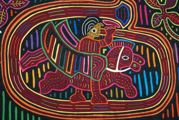Kuna Indian Folk Art Mola Blouse Panel from San Blas Islands, Panama. Hand-stitched Reverse Applique: Unique, Conquistador Riding a Flying Horse While Blowing His Horn 17.5
