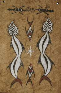 Rare Tapa Kapa Bark Cloth (Called Kapa in Hawaii), from Lake Sentani, Irian Jaya, Papua New Guinea. Hand painted with natural pigments by a Tribal Artist: Abstract Geometric Stylized Fish & Eel Motifs 16.25" x 25" (no 41)
