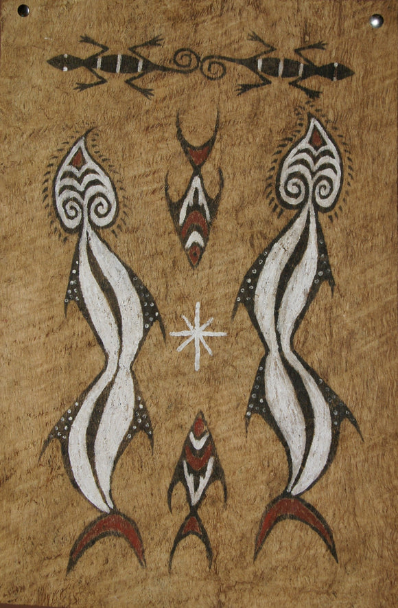 Rare Tapa Kapa Bark Cloth (Called Kapa in Hawaii), from Lake Sentani, Irian Jaya, Papua New Guinea. Hand painted with natural pigments by a Tribal Artist: Abstract Geometric Stylized Fish & Eel Motifs 16.25