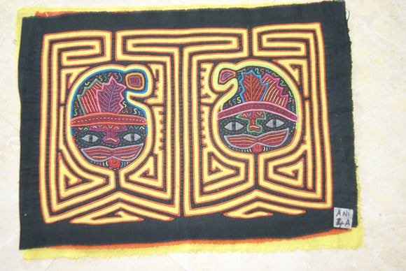 1970's Kuna Indian Mola Blouse Panel from San Blas Islands, Panama. Hand stitched Folk Art Applique: Colorful Geometric Cats in Hats Motif 16.5”x 12.25” (4A)