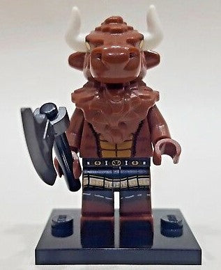 BRAND NEW, NOW RARE RETIRED COLLECTIBLE LEGO MINIFIGURE: MINOTAUR WITH HATCHE, HORNS + BLACK BASE (Serie 6) YEAR 2012, 8 PIECES