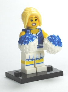 BRAND NEW, NOW RARE, RETIRED LEGO MINIFIGURE COLLECTIBLE: CHEERLEADER WITH 2 POMPOMS & BLACK BASE (Serie 1) YEAR 2009, 7 PIECES