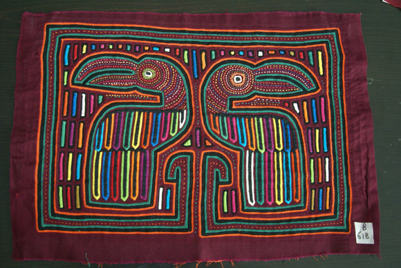 Kuna Indian Folk Art Mola Blouse Panel from San Blas Islands, Panama. Hand-stitched Applique: Geometric Abstract Mirror Image Toucans, 17