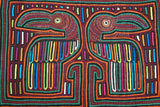 Kuna Indian Folk Art Mola Blouse Panel from San Blas Islands, Panama. Hand-stitched Applique: Geometric Abstract Mirror Image Toucans, 17"x12" (61B)